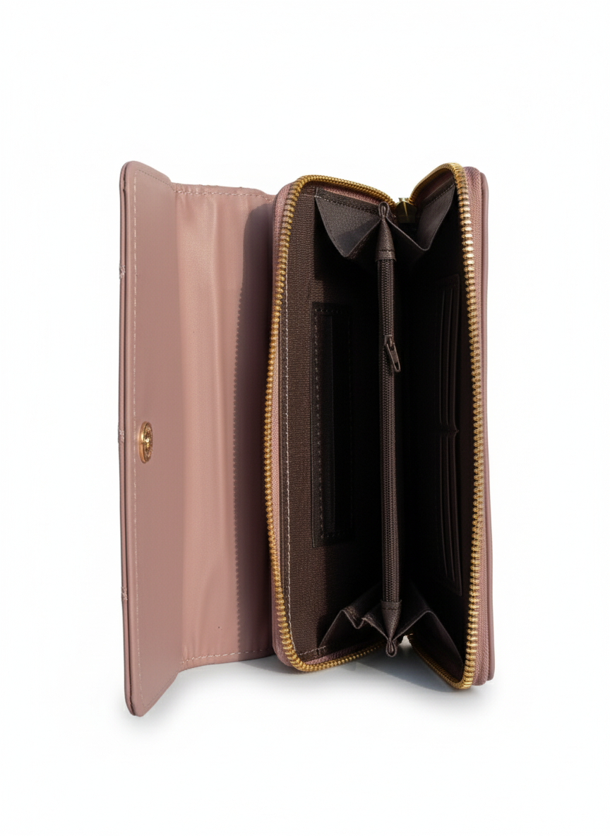 Women’s Embroidered Long Wallet with Shoulder Strap – Waterproof PVC Lining