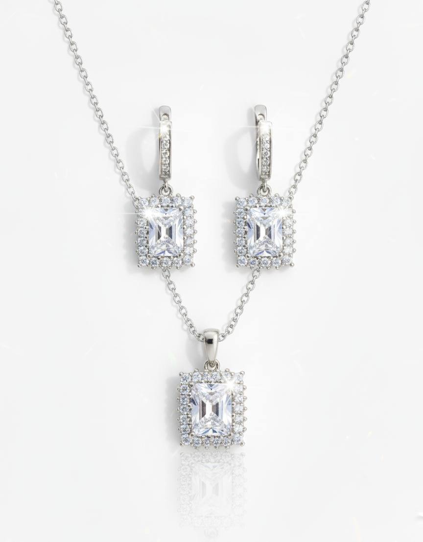 Cushion Cut Halo Drop Jewelry Set