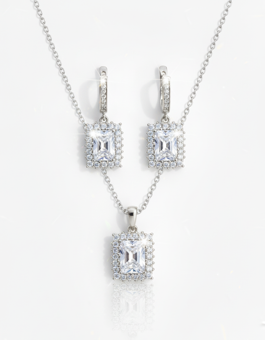 Cushion Cut Halo Drop Jewelry Set